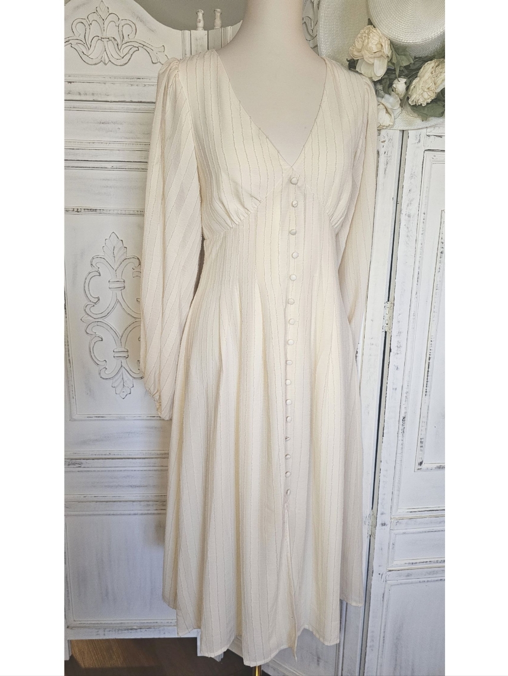By The River Cream Long Sleeve Button Midi Boho Dress